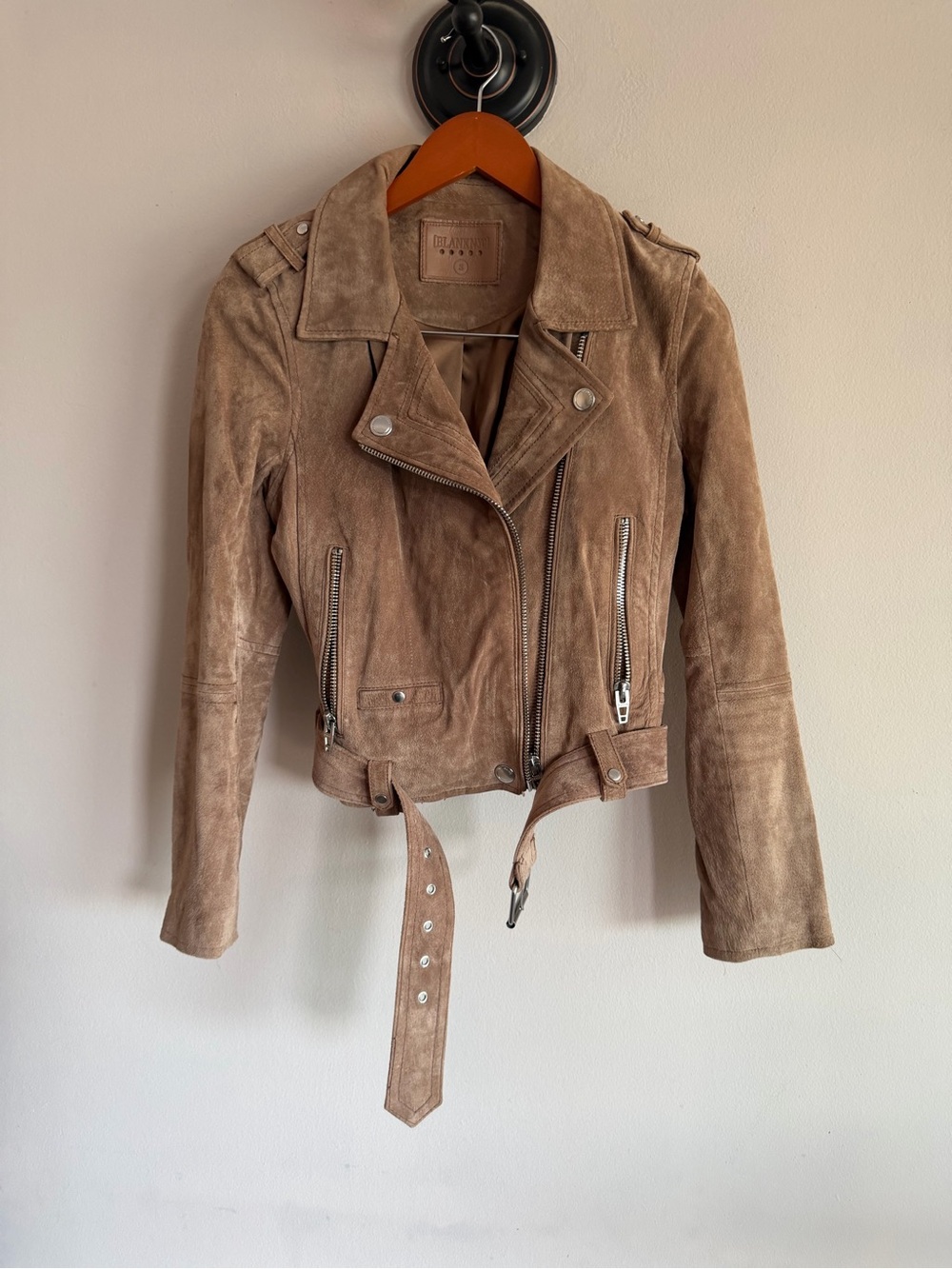 Blank NYC Womens Suede Moto Jacket Tan Brown Belted Biker Coat 73K-9269 Small
